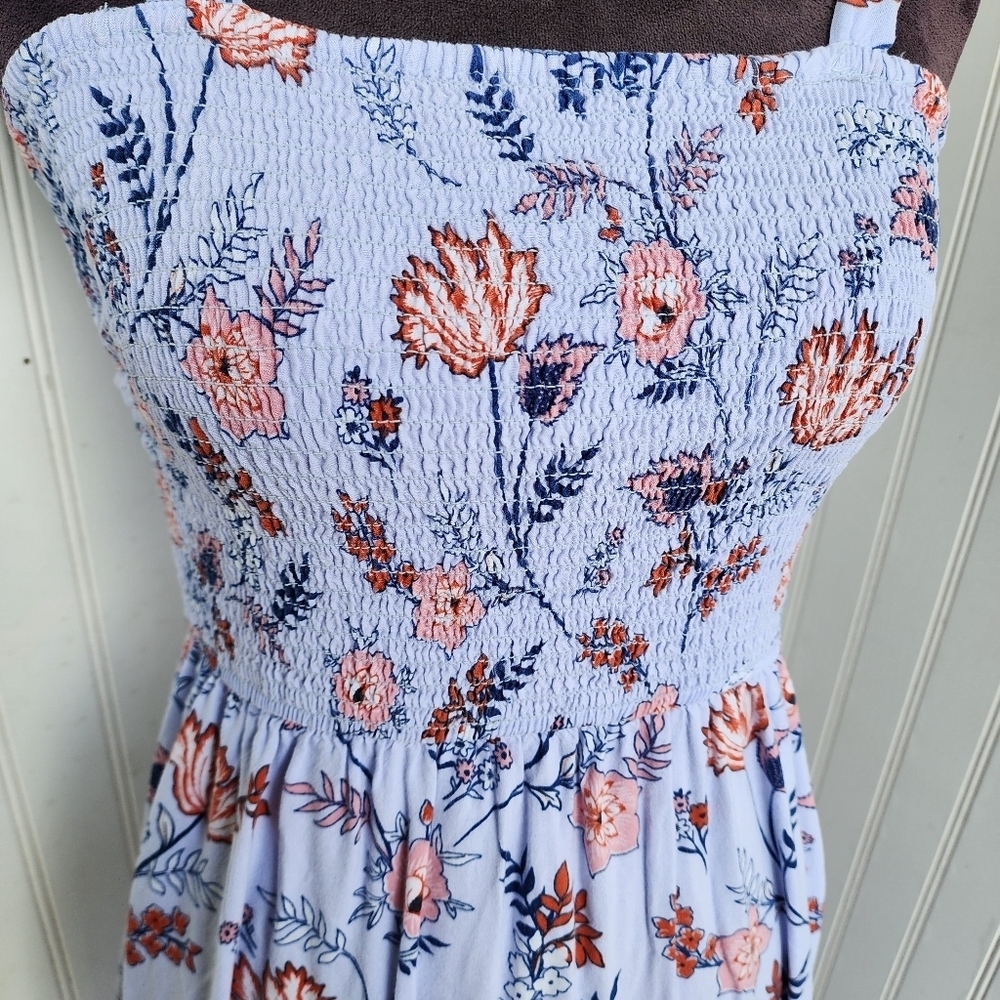 Japna Dress Womens Lilac Blue Floral Long Maxi Smocked Tie Straps Rayon Sz S - Picture 3 of 12